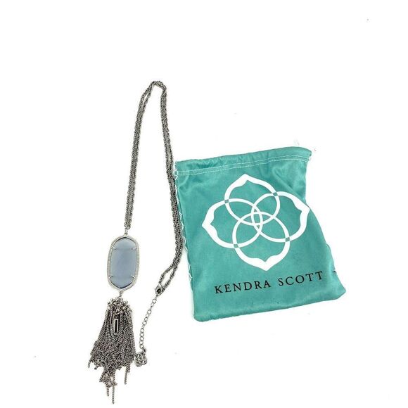 Kendra Scott Necklace Rayne Long Pendant Dichroic Glass Stone Silver Tassel - Picture 6 of 7